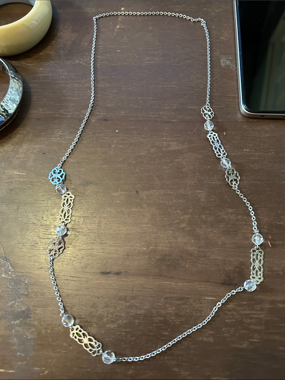 Delicate Silver-Tone Filigree Station Necklace with Clear Beads